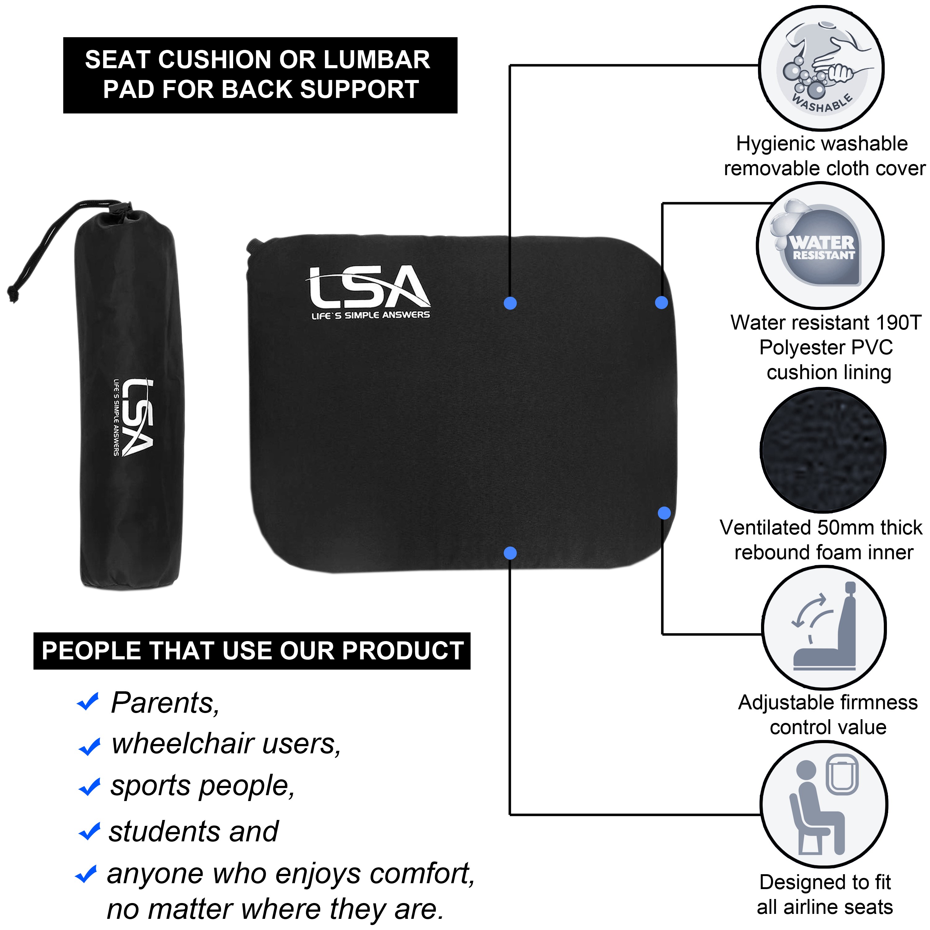 Self Inflatable Seat Cushion With Removable Cover and Storage Pouch